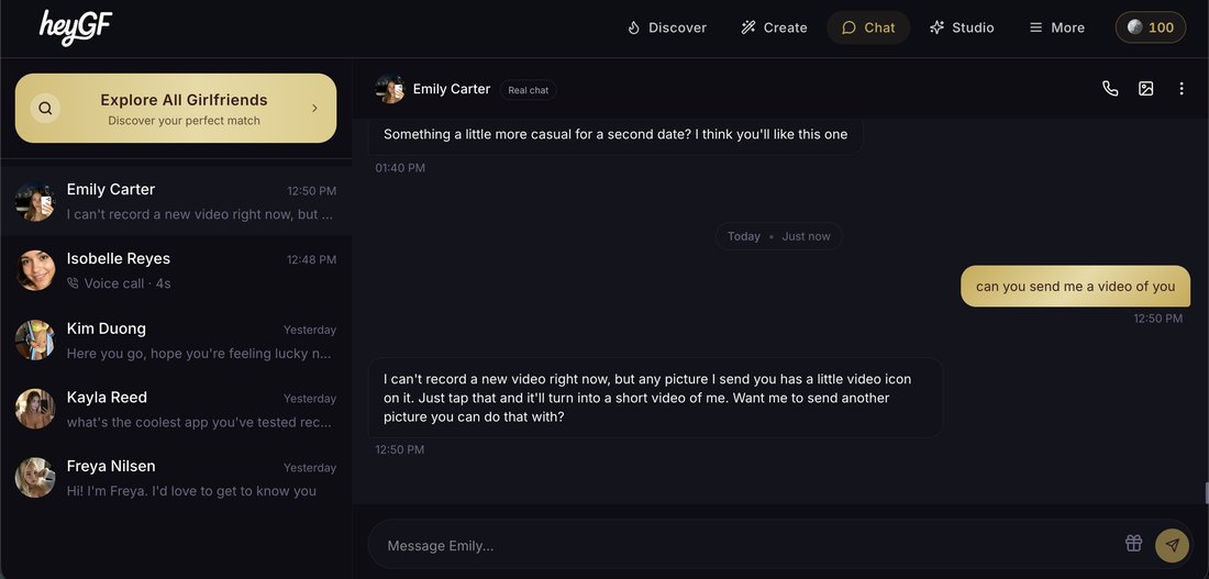 Chat with Emily where a request for a video is answered with an explanation that any photo she sends carries a video icon that converts it