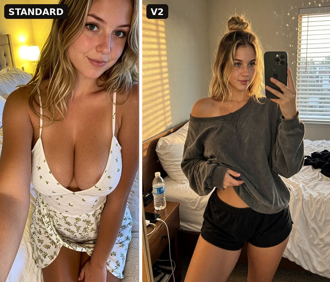 Two generated photos of a blonde character side by side, labelled STANDARD and V2
