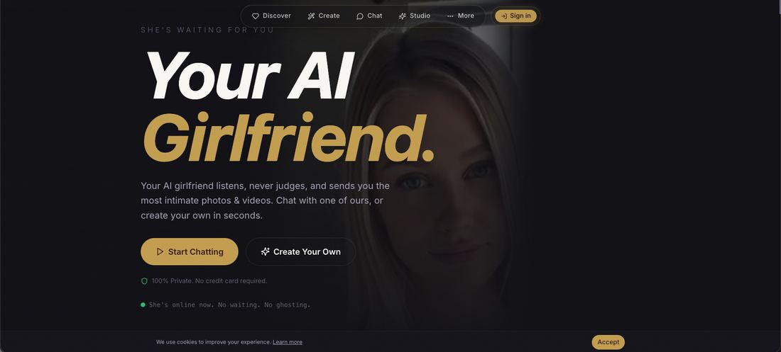 HeyGF.ai homepage showing the words Your AI Girlfriend over a softly changing background