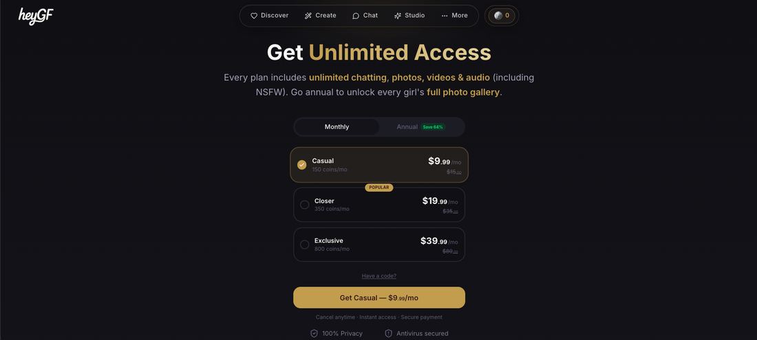 HeyGF.ai pricing page with monthly and annual toggle and three tiers at 9.99, 19.99 and 39.99 dollars