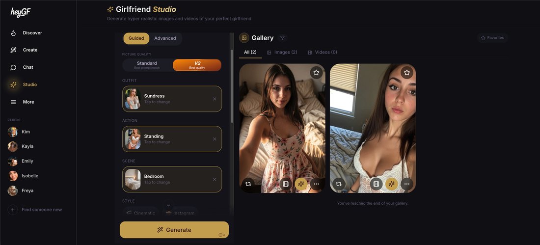 Girlfriend Studio in guided mode with outfit set to sundress, action standing and scene bedroom, and a gallery holding the two results