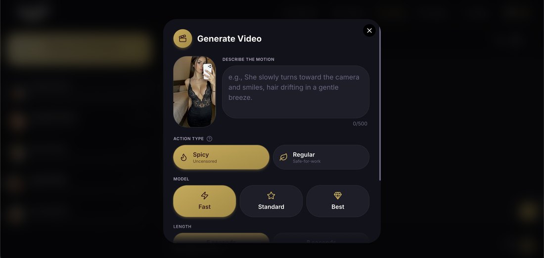 Generate Video dialog with a motion prompt field, a spicy or regular action switch, and Fast, Standard and Best model options