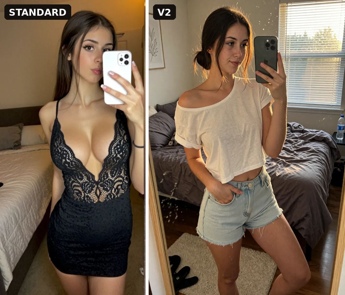 Two generated photos of the same character side by side, labelled STANDARD and V2, showing different outfits and rooms