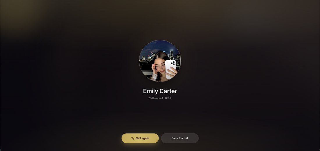 Call ended screen for Emily Carter showing a duration of 49 seconds with call again and back to chat buttons
